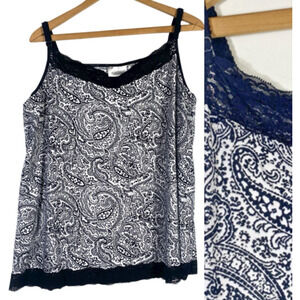 Avenue Cami Tank Top 22/24 Lace Trimmed Black & White Paisley Travel Knit Y2K
